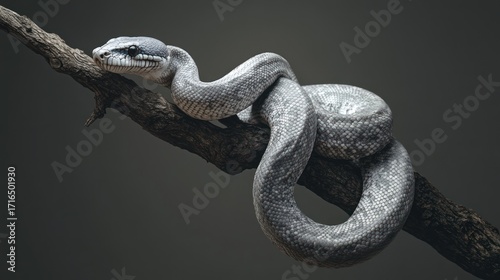 Serene Gray Snake Coiled on Branch: A Study in Reptile Elegance