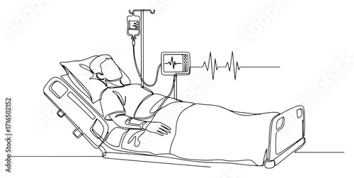 patient in hospital bed vector illustration with medical equipment one line outline design