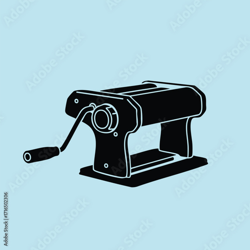 Black silhouette of a manual pasta maker with a crank handle on a light blue background isolated vector illustration