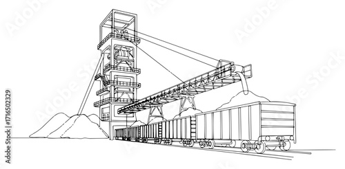 Industrial Mine with Conveyor Loading Coal onto a Freight Train