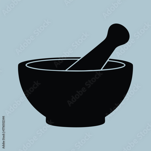 Black silhouette of a mortar and pestle used for grinding and mixing substances in traditional and modern kitchens