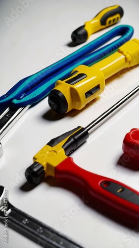 Assortment of tools arranged on a white surface, ready for repair or construction