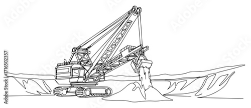Continuous Line Drawing of a Dragline Excavator in a Quarry