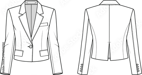 Technical fashion vector illustration of women’s cropped blazer with notched lapel, single button closure, tailored darts, sleeve details, garment sketch