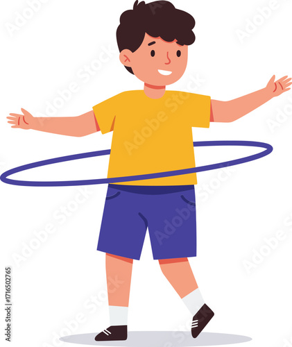 Boy playing with hula hoop in yellow shirt and blue shorts active child enjoying exercise outdoors vector illustration