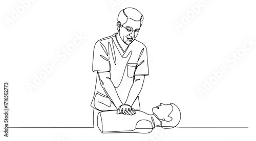 One Line Man Performing CPR on Training Dummy Illustration