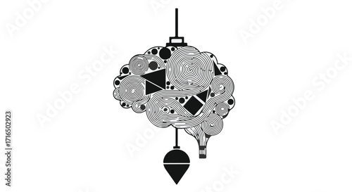 Human brain anatomy depicted with technical gears and a plumb bob weight is isolated on a white background for use in conceptual science or educational business marketing visual assets.