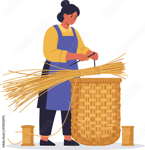 Woman weaving basket with straw materials in traditional craft workshop vector illustration