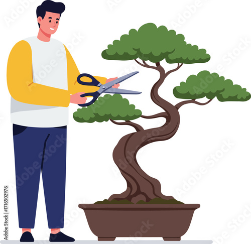 Bonsai tree care with man trimming miniature plant branches using scissors indoor hobby activity vector illustration