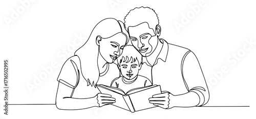 Family Reading Book Together Line Art