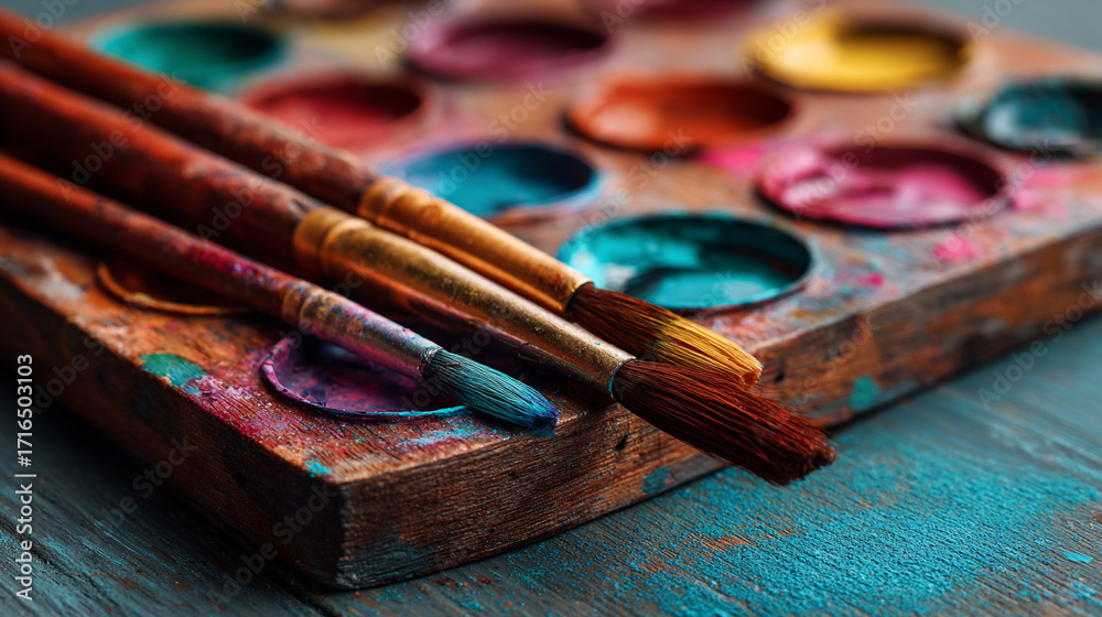 Fototapeta premium Paintbrushes resting on a colorful paint palette art supplies painting creativity