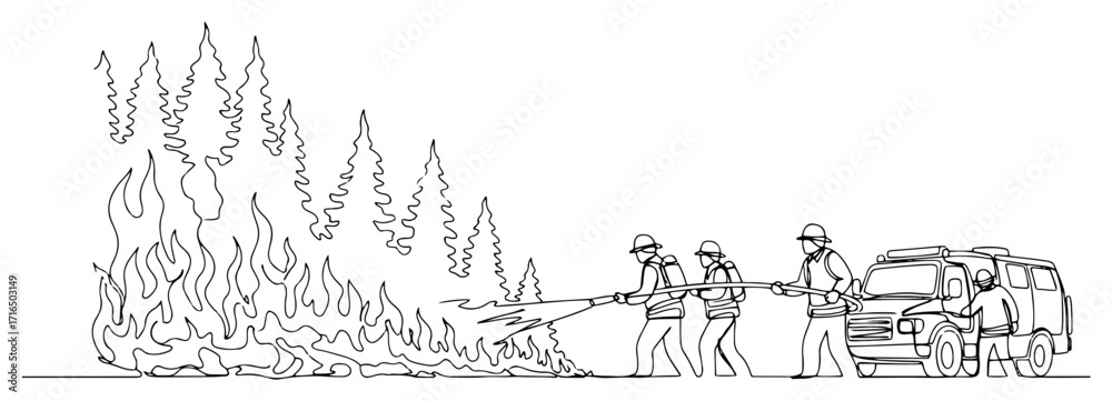 Fototapeta premium Firefighters Battling Forest Wildfire with Hose One Line Illustration