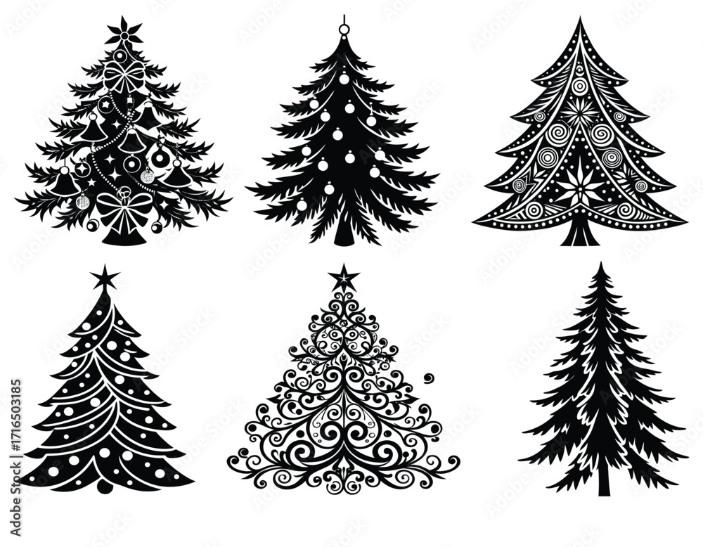 Fototapeta premium Decorative Black and White Christmas Tree Vector Collection 