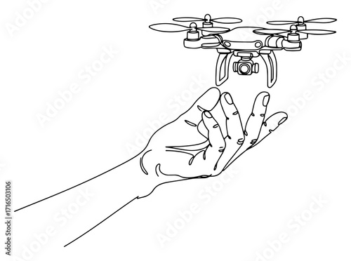 One Line Hand Launching Camera Drone Vector Illustration