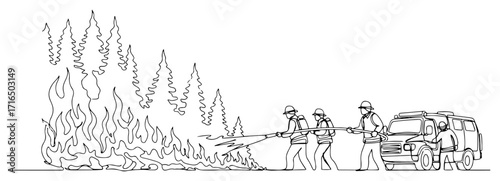 Firefighters Battling Forest Wildfire with Hose One Line Illustration