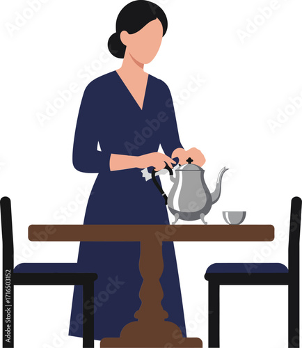 Woman in navy blue dress pouring tea from teapot at wooden table with two chairs vector illustration