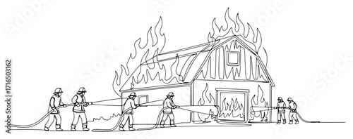 Firefighters Extinguishing Burning Barn in One Line Illustration