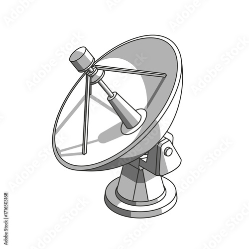 A detailed, grayscale 3D illustration of a satellite dish antenna, shown from an isometric perspective on a white background.