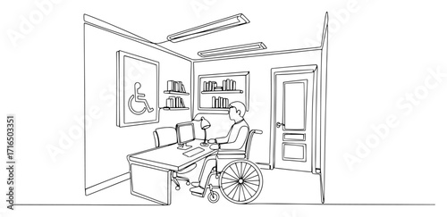 Accessible Office Interior with Wheelchair User black shape vector laser cutting engraving monochrome print