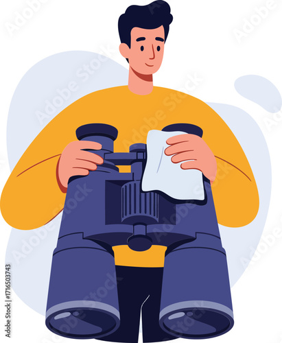 Man holding oversized binoculars and paper vector illustration with yellow clothing and casual style