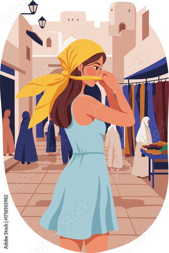 Woman wearing yellow headscarf and blue dress walking in market street with old buildings background vector illustration