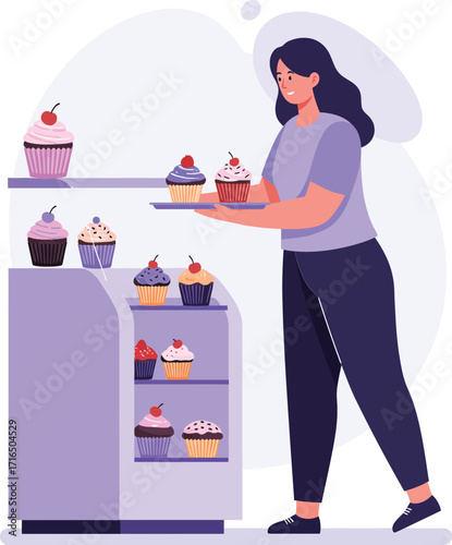 Woman arranging cupcakes on display shelf in bakery shop vector illustration