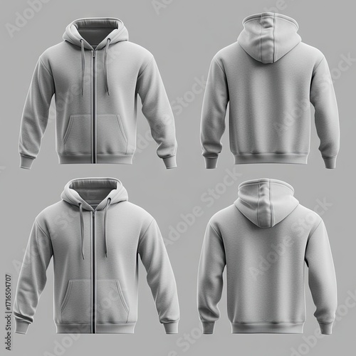 Four views of a light gray zip-up hoodie