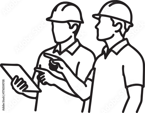 Two construction workers in hard hats looking at a tablet