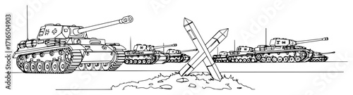 World War II Tanks Advancing Past Anti-Tank Obstacles