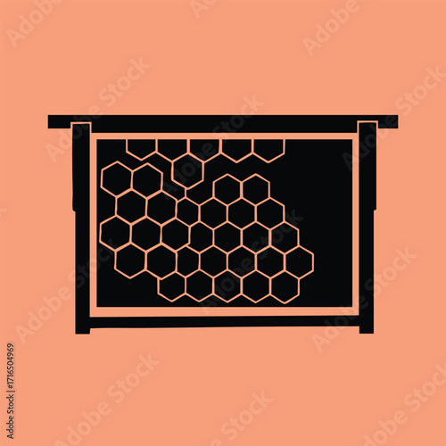 Black silhouette of a honeycomb frame with hexagonal cells used in beekeeping on a solid background