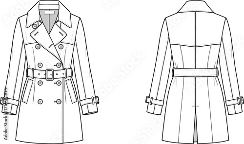 Vector fashion illustration of classic trench coat front and back view with belt, buttons, lapels, cuffs, yoke, and vent details
