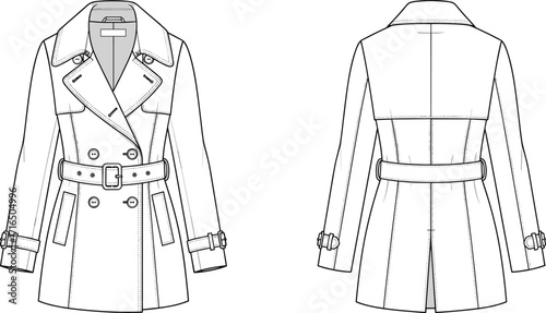 Vector fashion illustration of classic trench coat front and back view with belt, buttons, lapels, cuffs, yoke, and vent details