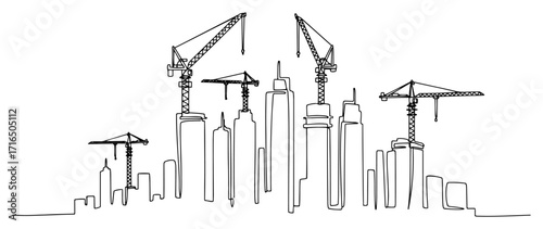 Continuous Line Drawing of a City Skyline Under Construction