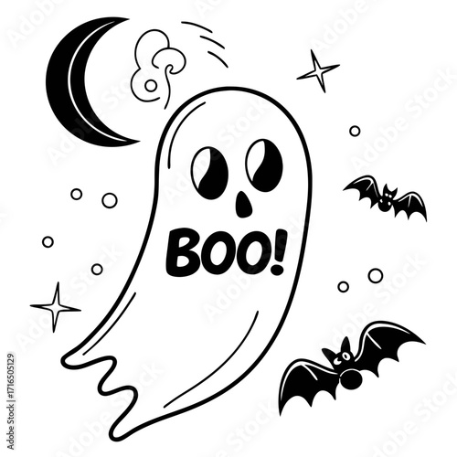 Halloween Ghost Vector with Boo Text, Flying Bats, Crescent Moon, Stars and Spooky Night Elements – Black and White Cartoon Illustration for Halloween Party, Decoration, Print and Design