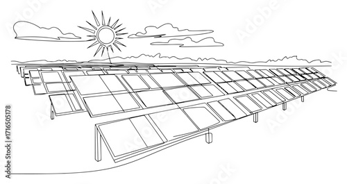 Continuous Line Drawing of a Solar Farm for Renewable Energy