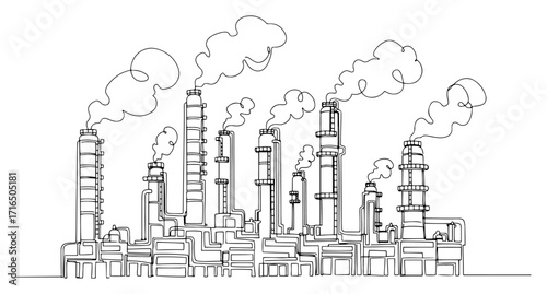 Industrial Factory Plant with Air Pollution in a Continuous One Line Drawing