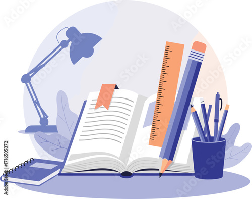 Academic support and online education banner with stacked books, pencil holder, and a learn more button for e-learning resources