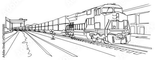 Diesel Locomotive Hauling a Long Freight Train on Railway Tracks