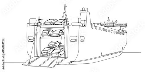 Car Ferry Ship Loading Vehicles on a Ramp
