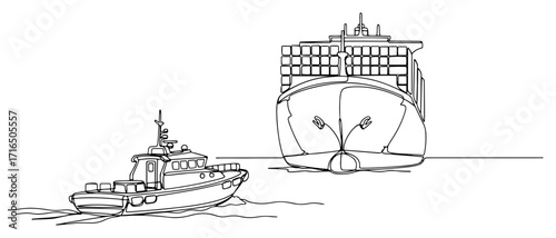 Container Cargo Ship with a Tugboat on the Sea