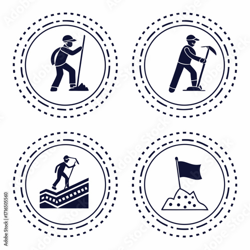 Illustration of mining workers and a flag on a pile of dirt
