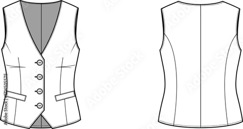Vector fashion illustration of tailored women’s vest front and back view with buttons, pockets, seams, garment design template drawing