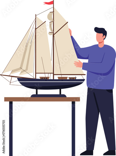 Man adjusting model sailboat on table vector illustration with beige sails and red flag in minimalist style