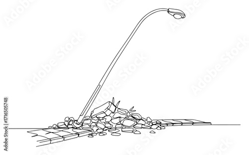 Broken Street Lamp on Rubble Pile Urban Damage black shape vector laser cutting engraving monochrome print