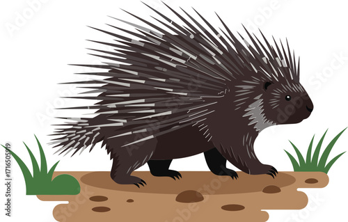 Porcupine walking on ground with grass vector illustration nature wildlife animal design