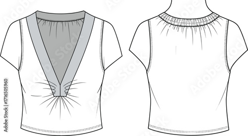Vector fashion illustration of women’s V‑neck top front and back view with ruched details, short sleeves, cropped length, and stitching design