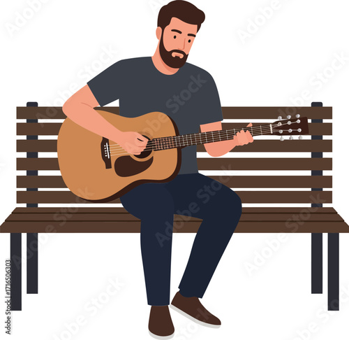 Man playing acoustic guitar on wooden bench casual musician outdoors leisure activity