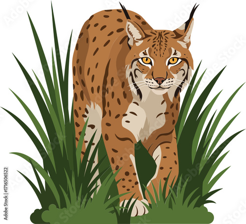Eurasian lynx walking through green grass wild forest animal vector illustration