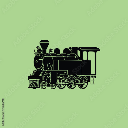 Black vintage steam locomotive silhouette with detailed wheels and chimney on a solid green background