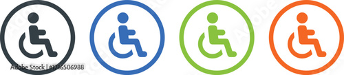 accessibility, icon, symbol, wheelchair, person, disabled, handicap, sign, graphic, design, blue, green, orange, dark gray, circle, isolated, white background, user, mobility, assistance, support, pub